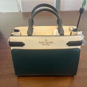 Kate Spade New York Staci Medium Saffiano Leather Satchel Purse Dark Green Black